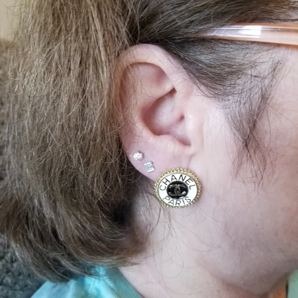 Chanel Gold Tone White Enamel Costume Double CC Earrings - Picture 2 of 9